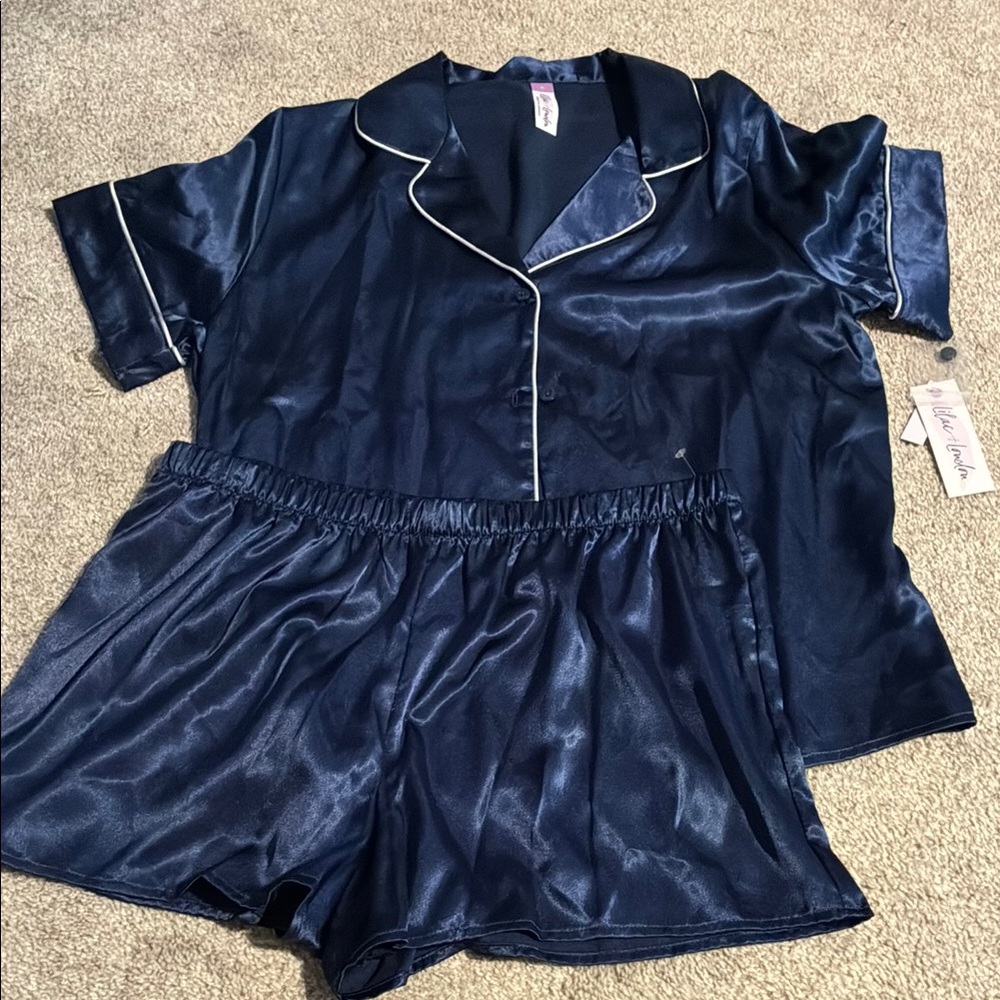 Navy Blue Satin Pajama Set with Contrast Trim